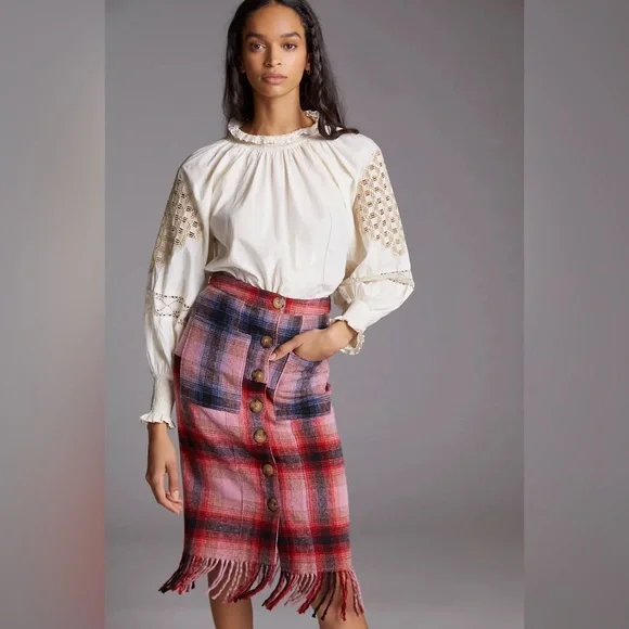 Anthropologie | Maeve Fringed Midi Skirt Plaid Pink Buttondown Christmas New 6 - Picture 7 of 15